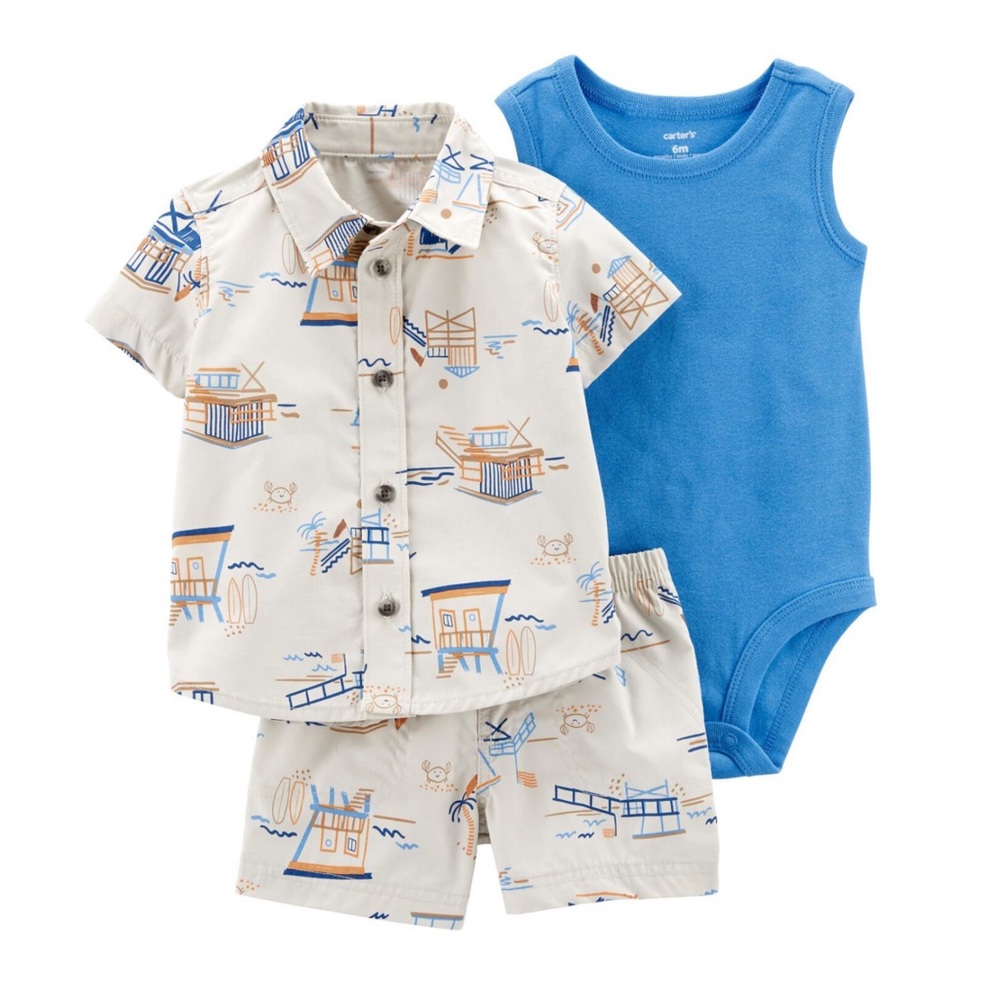 Carters Tan & Blue 3-Piece Tropical Little Short Set Baby Boy Size 12M